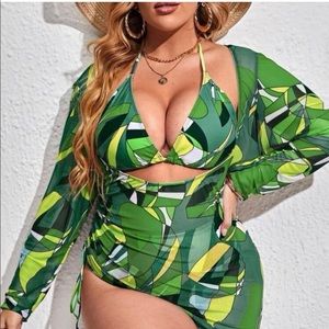 Women's 3 Piece Printed Halter High Waisted Triangle Bikini Set with Cover Up